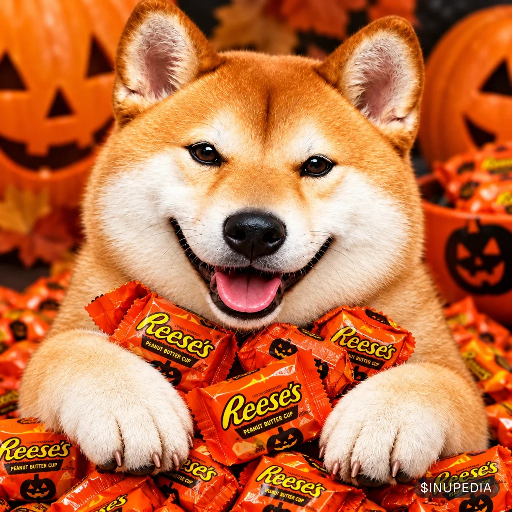 an inu with a reeces peeces haloween candy